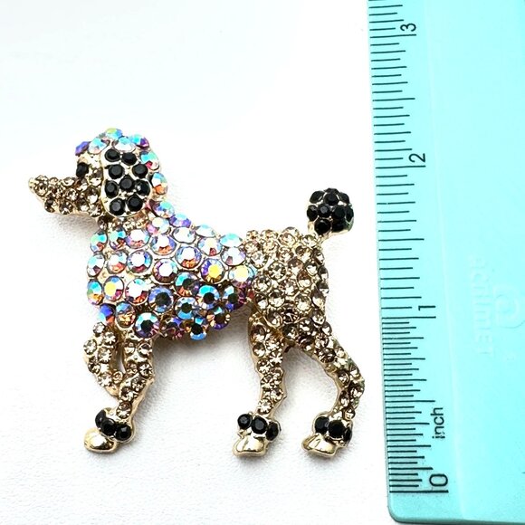 Black Brown Crystal Poodle Dog Brooch Pin Gold tone Vintage Style - Picture 3 of 3